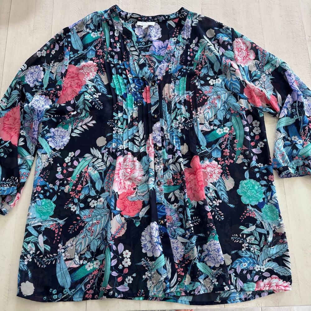 Charter Club Feminine Floral Chiffon Long Sleeve Blouse Navy and Pink Size XL